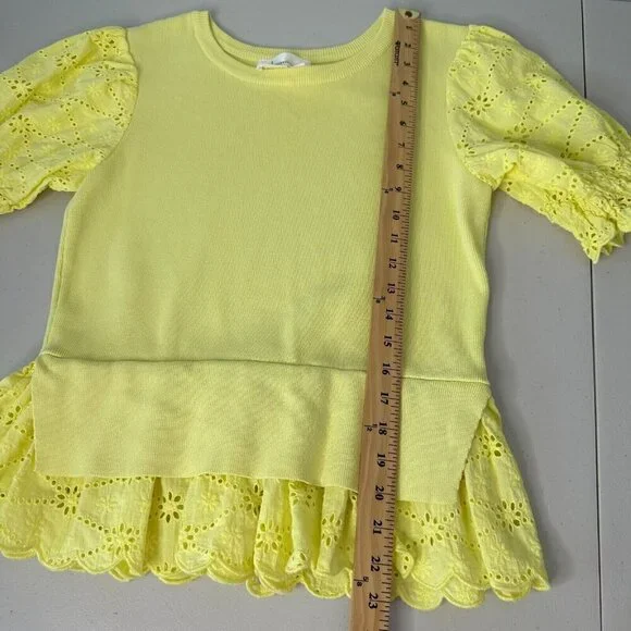 Anthropologie Eyelet Puff-Sleeve Sweater‎ Tee Peplum Size S Yellow Boho - Picture 5 of 10